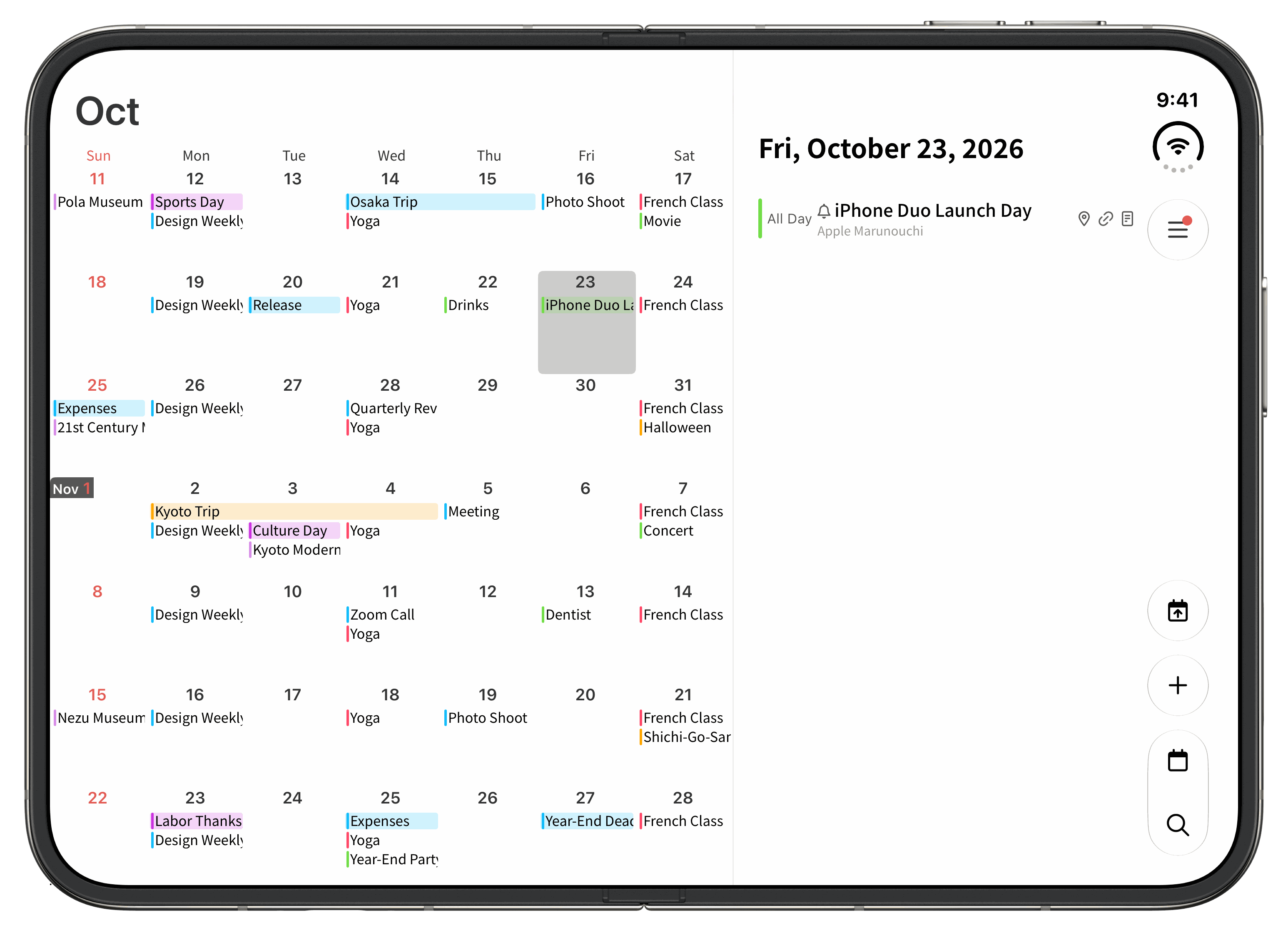 Calendar on the unfolded display (with device frame)