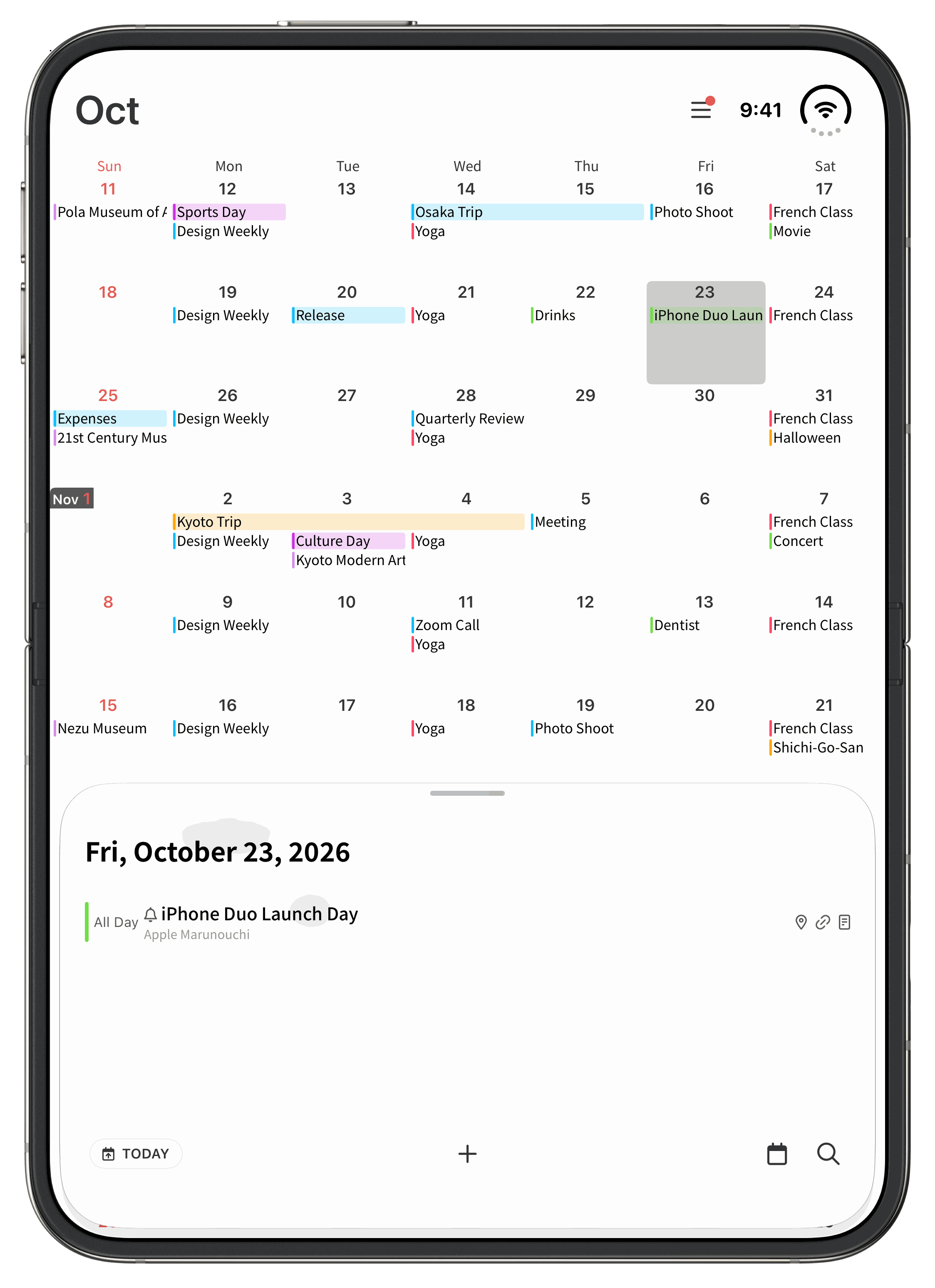 Calendar held upright (with device frame)